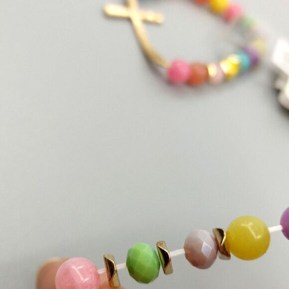 Set of 2 Cross Gold Tone Bracelet Beaded Hammered Catholic Religious Easter Gift - Picture 10 of 15